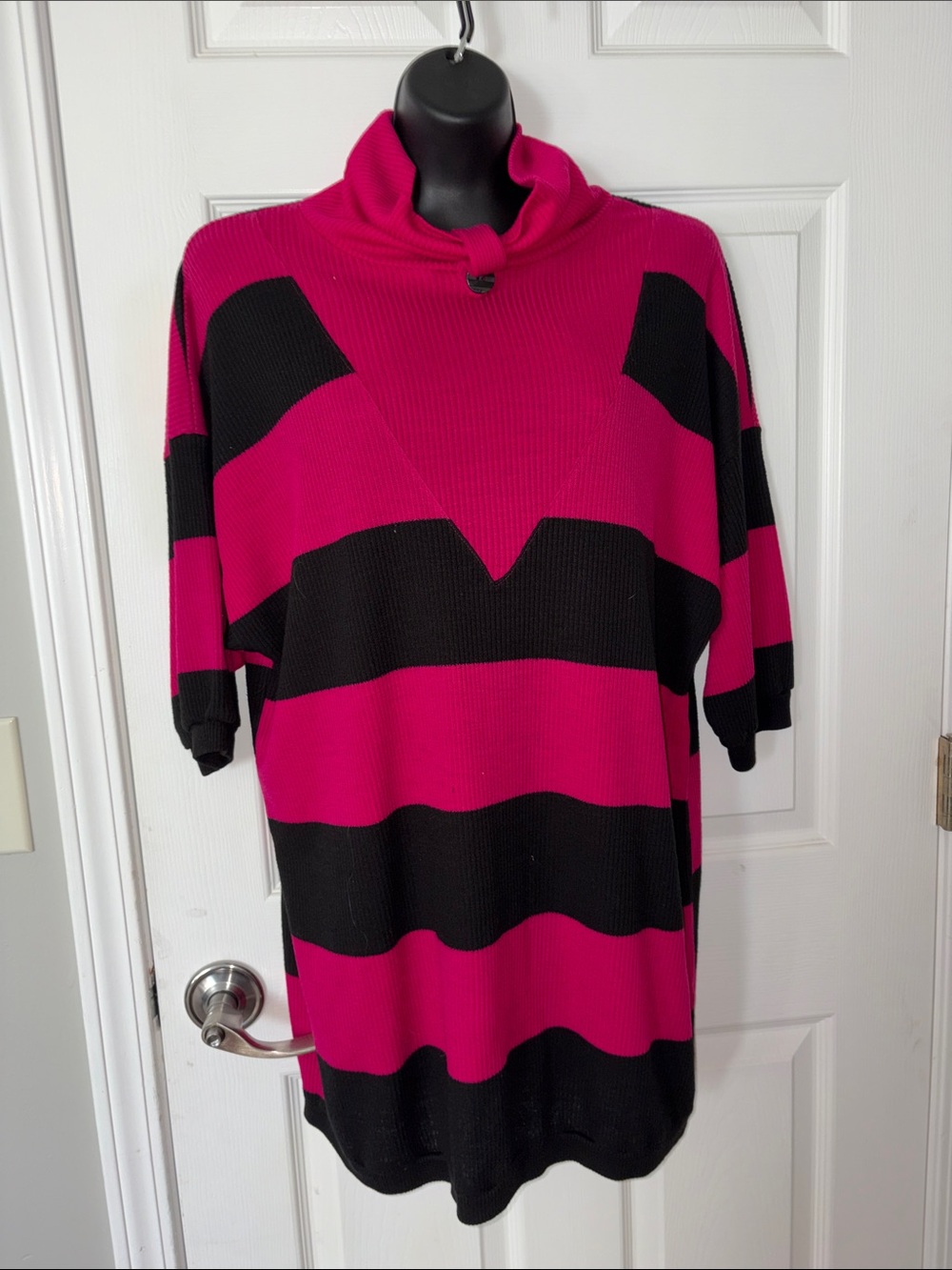 Women's Oversized Funnel Neck Sweater - Pink & Black Stripe